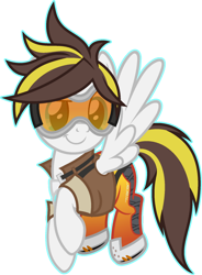 Size: 1024x1390 | Tagged: safe, artist:pegasski, derpibooru import, oc, oc:ruffian, pegasus, pony, clothes, cosplay, costume, female, mare, overwatch, simple background, solo, tracer, transparent background