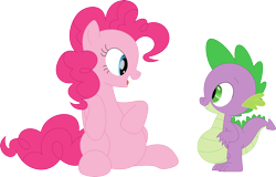 Size: 3542x2262 | Tagged: safe, artist:porygon2z, derpibooru import, pinkie pie, spike, dragon, earth pony, pony, belly, big belly, duo, fat, fat spike, female, hoof on belly, male, open mouth, pudgy pie, simple background, sitting, transparent background, vector