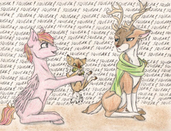 Size: 1503x1152 | Tagged: safe, artist:cindertale, derpibooru import, oc, oc only, oc:cinder, deer, pegasus, pony, reindeer, antlers, chest fluff, clothes, deer oc, holding a pony, male, onomatopoeia, open mouth, pegasus oc, scarf, smiling, squeak, stallion, traditional art, unamused, wings