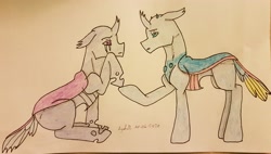 Size: 3834x2179 | Tagged: safe, artist:agdapl, derpibooru import, changedling, changeling, changedlingified, crossover, duo, eye scar, male, medic, purple changeling, raised hoof, raised leg, scar, signature, species swap, spy, team fortress 2, traditional art