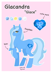 Size: 2480x3508 | Tagged: safe, artist:themstap, derpibooru import, oc, oc:glacandra, unicorn, armband, bow, female, freckles, mare, reference sheet, smiling