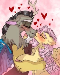 Size: 540x675 | Tagged: safe, artist:cocolove2176, derpibooru import, discord, fluttershy, draconequus, pegasus, pony, abstract background, blushing, bust, chest fluff, colored hooves, discoshy, eyes closed, female, heart, kissing, male, mare, shipping, straight