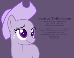 Size: 929x720 | Tagged: safe, artist:shiibases, derpibooru import, oc, oc only, earth pony, pony, bald, base, bust, earth pony oc, female, freckles, hat, looking back, mare, purple background, simple background, smiling, solo