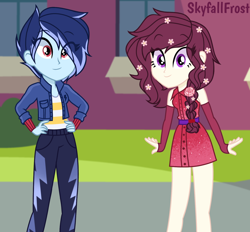 Size: 1558x1448 | Tagged: safe, artist:skyfallfrost, derpibooru import, oc, oc only, oc:snowfire, equestria girls, clothes, dress, jacket, pants