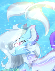 Size: 2000x2600 | Tagged: safe, artist:greenmaneheart, derpibooru import, oc, oc only, original species, shark, shark pony, art trade, bubble, crepuscular rays, ear fluff, ears, eyelashes, female, fish tail, flowing mane, glowing eyes, looking at you, ocean, purple eyes, smiling, solo, sunlight, swimming, tail, teeth, underwater, water