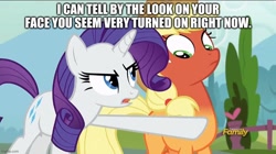 Size: 888x499 | Tagged: safe, derpibooru import, edit, edited screencap, screencap, applejack, rarity, honest apple, blushing, blushing profusely, caption, image macro, red face, text