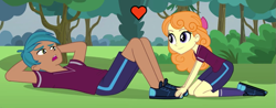 Size: 899x352 | Tagged: safe, derpibooru import, edit, edited screencap, screencap, carlos thunderbolt, orange sherbette, equestria girls, pinkie spy (short), background human, cropped, crystal prep academy students, female, heart, male, shipping, sit-ups, straight, thunderbette