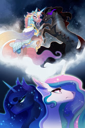 Size: 1280x1914 | Tagged: safe, artist:pumpkabooo, derpibooru import, king sombra, princess amore, princess celestia, princess luna, alicorn, pony, unicorn, angry, armor, clothes, cloud, duel, ear fluff, ears, ethereal mane, fangs, female, flowing mane, flowing tail, hoof shoes, horn, looking at each other, male, night, snow, sombra eyes, sparkles, starry mane