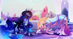 Size: 3643x1960 | Tagged: safe, artist:pumpkabooo, derpibooru import, princess amore, princess luna, alicorn, unicorn, armor, bat wings, blue mane, blushing, crown, crystal empire, ear fluff, ears, ethereal mane, eyes closed, female, flowing mane, flowing tail, hoof shoes, horn, jewelry, regalia, smiling, snow, sparkles, starry mane, sunlight, wings