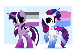 Size: 3571x2500 | Tagged: safe, artist:syrupyyy, derpibooru import, rarity, twilight sparkle, unicorn twilight, pony, unicorn, asexual, asexual pride flag, bisexual pride flag, bow, cute, duo, eyeshadow, female, high res, makeup, mare, open mouth, pride, pride flag, raised hoof, raised leg, raribetes, tail bow, twiabetes