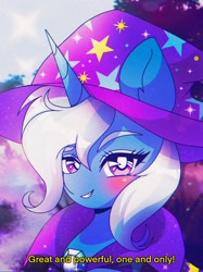 Size: 2048x2732 | Tagged: safe, artist:pierogarts, derpibooru import, trixie, pony, unicorn, 90s anime, bust, clothes, female, hat, looking at you, mare, portrait, smug, solo, trixie's hat