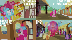 Size: 1280x720 | Tagged: safe, derpibooru import, edit, edited screencap, editor:quoterific, screencap, applejack, big macintosh, carrot cake, cup cake, fluttershy, pinkie pie, rainbow dash, rarity, twilight sparkle, unicorn twilight, earth pony, pegasus, pony, unicorn, mmmystery on the friendship express, applejack's hat, bipedal, clothes, cowboy hat, female, friendship express, hat, helmet, male, mane six, mare, stallion