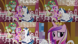 Size: 1280x720 | Tagged: safe, derpibooru import, edit, edited screencap, editor:quoterific, screencap, hayseed turnip truck, princess cadance, shining armor, alicorn, earth pony, pony, unicorn, slice of life (episode), crown, crying, eyes closed, female, jewelry, male, mare, open mouth, regalia, smiling, stallion