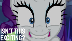 Size: 1280x720 | Tagged: safe, derpibooru import, edit, edited screencap, editor:quoterific, screencap, rarity, pony, unicorn, made in manehattan, close-up, female, grin, lip bite, looking at you, mare, smiling, solo, wide eyes