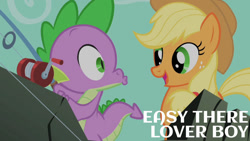 Size: 1280x720 | Tagged: safe, derpibooru import, edit, edited screencap, editor:quoterific, screencap, applejack, spike, dragon, earth pony, pony, a dog and pony show, applejack's hat, clothes, cowboy hat, duo, female, hat, kissy face, male, mare, open mouth, smiling, stallion