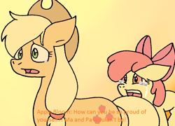 Size: 1004x722 | Tagged: safe, artist:cmara, derpibooru import, apple bloom, applejack, earth pony, pony, apple bloom's bow, applejack's hat, argument, bow, clothes, cowboy hat, crying, female, fight, filly, gradient background, hair bow, hat, mare, open mouth, sad, siblings, simple background, sisters, yellow background