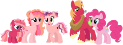 Size: 1280x467 | Tagged: safe, artist:camomiie, artist:selenaede, derpibooru import, big macintosh, pinkie pie, oc, oc:flemish beauty, oc:harvest queen, oc:prestine party punch, earth pony, pony, unicorn, base used, family, female, filly, freckles, male, mare, offspring, parent:big macintosh, parent:pinkie pie, parents:pinkiemac, pinkiemac, shipping, simple background, stallion, straight, transparent background