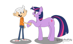 Size: 1280x772 | Tagged: safe, artist:lynnthenerdkitty, derpibooru import, twilight sparkle, unicorn twilight, human, pony, unicorn, crossover, friendshipping, handshake, hoofshake, lincoln loud, open mouth, open smile, smiling, the loud house