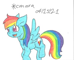 Size: 1042x838 | Tagged: safe, artist:cmara, derpibooru import, rainbow dash, pegasus, pony, female, flying, mare, open mouth, simple background, solo, traditional art, white background