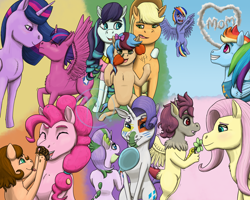 Size: 2500x2000 | Tagged: safe, artist:azurllinate, derpibooru import, applejack, coloratura, fluttershy, pinkie pie, rainbow dash, rarity, twilight sparkle, twilight sparkle (alicorn), oc, oc:azure sprint, oc:chocolate swirl, oc:dazzle shield, oc:elegrace flux, oc:peachy plum, oc:spiral twinkle, alicorn, draconequus, dracony, dragon, earth pony, hybrid, pegasus, the last problem, alicorn oc, apple, blushing, blushing profusely, boop, chest fluff, cloud, cloud writing, cupcake, draconequus oc, earth pony oc, eyes closed, face paint, fangs, female, flower, flying, foal, food, freckles, futurehooves, gift giving, green eyes, happy, hoof on shoulder, horn, interspecies offspring, juggling, lesbian, long mane, magical lesbian spawn, male, mirror, nervous, next gen:futurehooves, next generation, not impressed, offspring, open mouth, parent:applejack, parent:cheese sandwich, parent:coloratura, parent:discord, parent:flash sentry, parent:fluttershy, parent:pinkie pie, parent:rainbow dash, parent:rarity, parent:soarin', parent:spike, parent:twilight sparkle, parents:cheesepie, parents:discoshy, parents:flashlight, parents:rarajack, parents:soarindash, parents:sparity, pegasus oc, proud, rarajack, royalty, shipping, simple background, smiling, stifling laughter, tongue, tongue out, trying to feed, two moms, wavy hair, wings