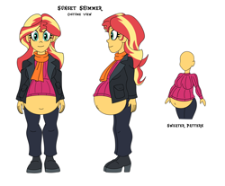Size: 3126x2590 | Tagged: safe, artist:niban-destikim, artist:pacificside18, derpibooru import, sunset shimmer, comic:inner thoughts, equestria girls, belly, belly button, big belly, boots, clothes, coat, high heel boots, high heels, pants, pregnant, reference, scarf, shoes, sunset preggers, sweater