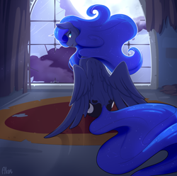 Size: 2532x2516 | Tagged: safe, artist:ailoy4, derpibooru import, princess luna, alicorn, pony, both cutie marks, broken window, castle of the royal pony sisters, ethereal mane, female, full moon, looking at you, looking back, looking back at you, mare, moon, moonlight, night, rear view, sitting, snaggletooth, solo, starry mane, window