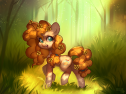 Size: 4000x3000 | Tagged: safe, artist:sugarstar, derpibooru import, pear butter, earth pony, pony, bush, cute, female, flower, flower in hair, forest, high res, mare, open mouth, open smile, outdoors, pearabetes, raised hoof, raised leg, rcf community, smiling, solo, tree