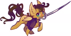 Size: 1540x781 | Tagged: safe, artist:sitaart, derpibooru import, oc, oc only, oc:sandy fortune, pegasus, pony, chibi, commission, commissioner:sandyfortune, female, mare, mouth hold, solo, sword, weapon