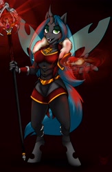 Size: 2671x4096 | Tagged: safe, artist:creed_zachary, derpibooru import, queen chrysalis, anthro, changeling, changeling queen, unguligrade anthro, armor, bracer, choker, clothes, commission, crossover, dress, female, fur, glow, gold, hair, hand, jewelry, looking at you, mage, magic, magic orb, mare, open mouth, orb, outstretched arm, pendant, solo, solo female, staff, staff weapon, stocking feet, stockings, stupid sexy chrysalis, tail, thigh highs, warcraft, wings, world of warcraft