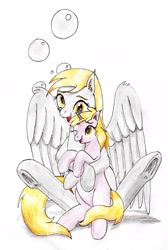 Size: 1990x2967 | Tagged: safe, artist:40kponyguy, derpibooru exclusive, derpibooru import, derpy hooves, dinky hooves, pegasus, unicorn, blonde, blonde mane, blonde tail, bunny sitting, cute, cutie mark background, ear fluff, ears, female, filly, golden eyes, happy, hug, looking at each other, mare, mother and child, mother and daughter, one eye closed, parent and child, simple background, traditional art, underhoof, wings