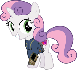 Size: 3214x3000 | Tagged: safe, artist:dashiesparkle, artist:ponygamer2020, derpibooru import, edit, edited screencap, screencap, sweetie belle, pony, unicorn, fallout equestria, clothes, cute, cutie mark, diasweetes, fallout, female, filly, high res, jumpsuit, looking back, not a vector, pipboy, simple background, smiling, solo, the cmc's cutie marks, transparent background, vault suit, vector