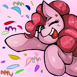 Size: 1543x1543 | Tagged: safe, artist:kyouman1010, derpibooru import, pinkie pie, earth pony, pony, cute, diapinkes, happy, looking at you, one eye closed, open mouth, open smile, simple background, smiling, smiling at you, wink, winking at you