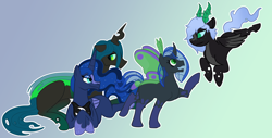 Size: 2318x1181 | Tagged: safe, artist:radicalhat, derpibooru import, princess luna, queen chrysalis, oc, alicorn, changeling, changepony, hybrid, pony, chrysaluna, commission, couple, family, fankids, female, group picture, interspecies offspring, lesbian, magical lesbian spawn, offspring, parent:princess luna, parent:queen chrysalis, parents:chrysaluna, shipping