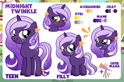 Size: 1200x798 | Tagged: safe, artist:jennieoo, derpibooru import, oc, oc only, oc:midnight twinkle, pony, unicorn, blushing, colt, constellation, ethereal mane, female, filly, happy, heterochromia, male, reference sheet, sheet, shy, smiling, solo, starry mane, teenager