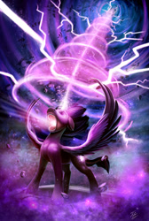 Size: 1345x2000 | Tagged: safe, artist:tsitra360, twilight sparkle, twilight sparkle (alicorn), alicorn, pony, apotheosis, badass, ears, epic, female, floppy ears, glowing eyes, lightning, magic, magic overload, mare, oblivion, open mouth, remastered, rework, shoop da whoop, solo, spread wings, surreal, the elder scrolls, vortex, wings