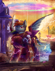 Size: 1556x2000 | Tagged: safe, artist:tsitra360, rainbow dash, pegasus, pony, armor, astartes, commission, crossover, electricity, female, mare, power armor, purple eyes, scenery, solo, space marine, video game crossover, warhammer (game), warhammer 40k