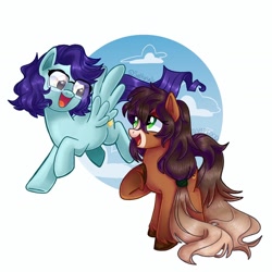 Size: 1440x1440 | Tagged: safe, artist:saltysel, derpibooru import, oc, oc only, earth pony, pegasus, pony, collaboration, cloud, duo, earth pony oc, eyelashes, flying, glasses, hoof on chest, looking back, open mouth, pegasus oc, raised hoof, raised leg, smiling, wings