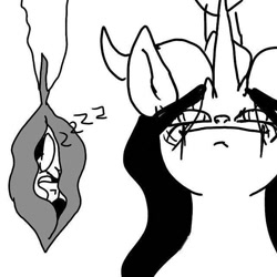 Size: 640x640 | Tagged: safe, artist:_goddesskatie_, derpibooru import, oc, oc only, alicorn, changeling, changeling queen, pony, alicorn oc, bust, changeling queen oc, cocoon, female, grayscale, horn, mare, monochrome, onomatopoeia, sleeping, sound effects, wings, zzz