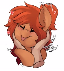 Size: 1855x2048 | Tagged: safe, artist:beardie, derpibooru import, oc, oc:cinnamon, beardies scritching ponies, closed mouth, cute, eyes closed, hand, heart, ocbetes, scratching, tongue, tongue out