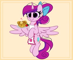 Size: 4096x3350 | Tagged: safe, artist:kittyrosie, derpibooru import, princess cadance, alicorn, pony, alternate hairstyle, apron, blushing, bow, clothes, cute, cutedance, digital art, female, flying, food, hair bow, heart, high res, mare, ponytail, smiling, solo, strawberry, waffle, weapons-grade cute