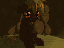 Size: 800x600 | Tagged: safe, artist:rangelost, derpibooru import, oc, oc only, oc:apple basket, earth pony, pony, cave, colt, cyoa:d20 pony, ears, floppy ears, looking at you, male, outdoors, sitting, solo