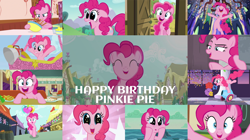 Size: 1280x718 | Tagged: safe, derpibooru import, edit, edited screencap, editor:quoterific, screencap, pinkie pie, earth pony, pony, a friend in deed, fall weather friends, father knows beast, inspiration manifestation, make new friends but keep discord, molt down, pinkie apple pie, she's all yak, sweet and elite, the crystalling, the mane attraction, the saddle row review, the ticket master, ^^, balloon, bipedal, bowl, breaking the fourth wall, confetti, cute, diapinkes, ears, eyes closed, female, floppy ears, happy birthday, hot air balloon, looking at you, male, mare, nose in the air, open mouth, party cannon, pinkie being pinkie, pinkie pie day, pinkie pie's birthday, smile song, smiling, solo, spoon, stallion, sugarcube corner, sweet apple acres, trotting, twilight's castle, twinkling balloon, volumetric mouth