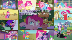 Size: 1280x721 | Tagged: safe, derpibooru import, edit, edited screencap, editor:quoterific, screencap, applejack, braeburn, cerberus (character), cranky doodle donkey, fluttershy, maud pie, pinkie pie, princess celestia, princess luna, rainbow dash, rarity, spike, starlight glimmer, sunburst, twilight sparkle, twilight sparkle (alicorn), unicorn twilight, alicorn, cerberus, donkey, dragon, earth pony, pegasus, pony, unicorn, a friend in deed, a trivial pursuit, dragonshy, horse play, over a barrel, rock solid friendship, ^^, applejack's hat, aweeg*, bipedal, clothes, cowboy hat, duo, duo female, ears, eyes closed, female, floppy ears, glowing horn, hat, horn, kite, kite flying, magic, magic aura, male, mane five, mane seven, mane six, multiple heads, nose in the air, open mouth, pinkie being pinkie, shocked, standing, standing on one leg, three heads, trio, trio female, twilight is not amused, unamused