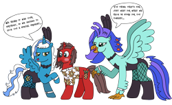Size: 3264x2000 | Tagged: safe, artist:supahdonarudo, derpibooru import, oc, oc only, oc:fleurbelle, oc:ironyoshi, oc:sea lilly, alicorn, classical hippogriff, hippogriff, unicorn, birthday, blushing, bowtie, bunny ears, bunny suit, clothes, dialogue, fishnets, lucky bastard, shirt, simple background, speech bubble, text, this will end in snu snu, transparent background