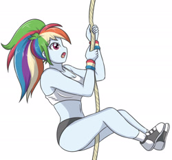 Size: 2734x2551 | Tagged: safe, artist:sumin6301, derpibooru import, rainbow dash, equestria girls, breasts, climbing, clothes, converse, female, high res, open mouth, rainboob dash, rope, shoes, simple background, solo, white background, wristband
