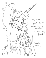 Size: 410x519 | Tagged: safe, artist:jargon scott, oc, oc only, oc:dyx, alicorn, pony, unicorn, black and white, cigarette, dialogue, duo, female, filly, grayscale, magical lesbian spawn, mare, monochrome, mother and child, mother and daughter, offspring, older, older dyx, parent and child, parent:oc:dyx, parents:oc x oc, simple background, smoking, white background