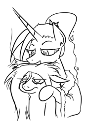 Size: 348x501 | Tagged: safe, artist:jargon scott, oc, oc only, oc:anon-mare, oc:dyx, alicorn, earth pony, pony, alicorn oc, ash, black and white, cigarette, duo, ears, female, floppy ears, grayscale, lidded eyes, looking down, mare, monochrome, older, older dyx, open mouth, simple background, sketch, smoking, unamused, white background