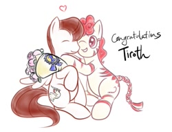Size: 603x460 | Tagged: artist needed, safe, derpibooru import, oc, oc only, oc:rampage, oc:tiroth, chicken, earth pony, pegasus, fallout equestria, fallout equestria: project horizons, braided tail, candy, candy cane, competition, congratulations, curly hair, curly mane, cute, earth pony oc, eyes closed, fanfic art, female, flower, food, heart, hug, knife, male, ocbetes, one eye covered, pegasus oc, ribbon, rose, ruffled wing, side hug, simple background, smiling, white background, winner, writer