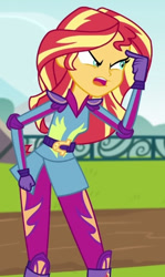 Size: 330x555 | Tagged: safe, derpibooru import, screencap, sunset shimmer, equestria girls, friendship games, angry, cropped, looking to side, looking to the right, solo, touching head