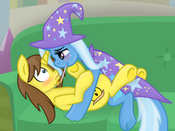 Size: 1080x811 | Tagged: safe, artist:grapefruit-face, derpibooru import, trixie, oc, oc:grapefruit face, pony, bedroom eyes, blushing, canon x oc, cape, clothes, duo, female, food, grapexie, hat, male, pinned down, pocky, pocky game, shipping, shocked, sofa, straight, trixie's cape, trixie's hat
